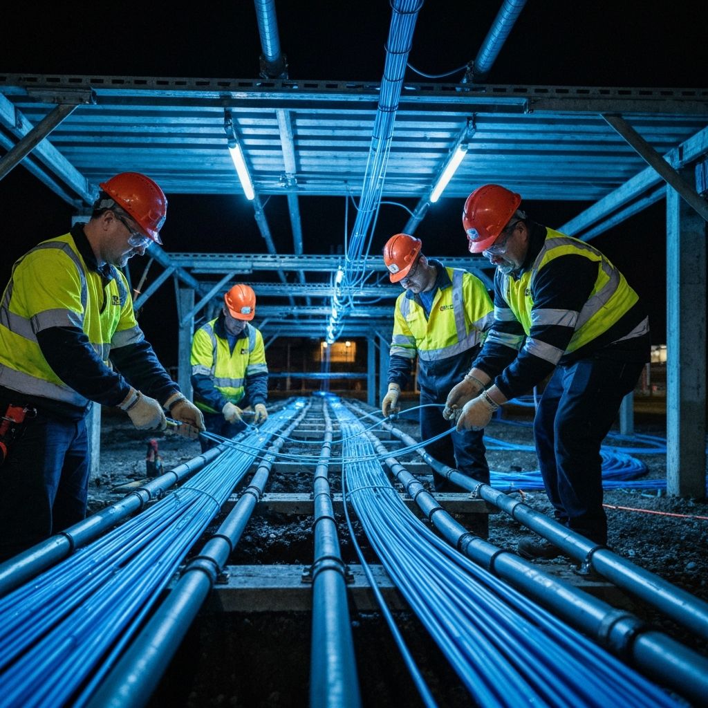 Fiber optic installation crew working at night